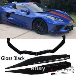 S'adapte 2020+ Corvette C8 5vm Style Lèvre Avant + Jupes Latérales Extension Gloss Noir